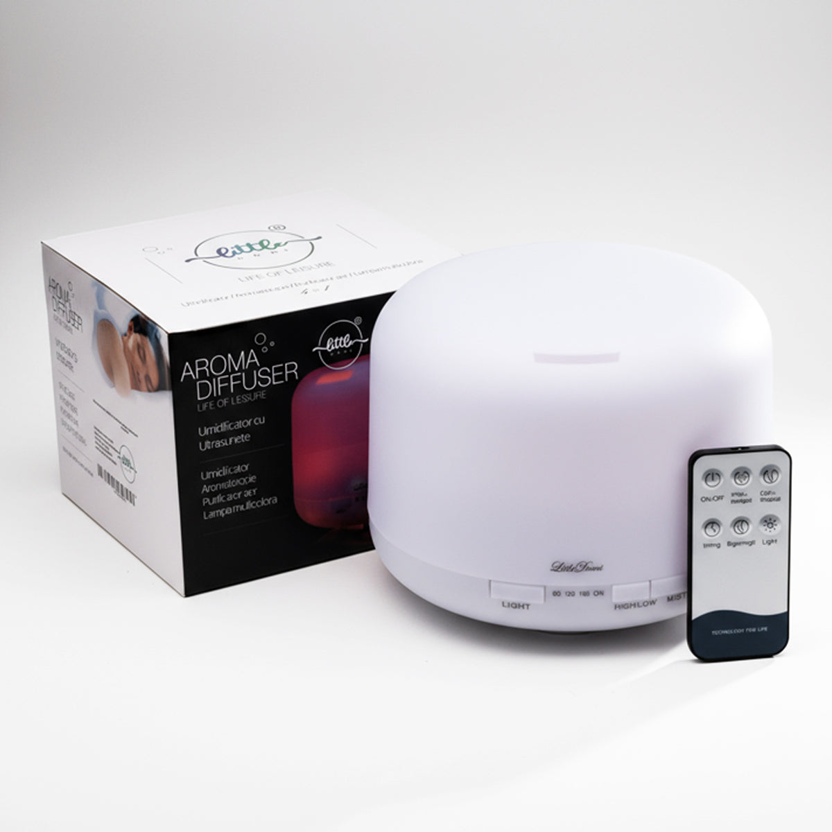 Difuzor Aromaterapie, LittleDomi, Umidificator cu Ultrasunete, Lampa de veghe cu Telecomanda, 500 ml,16 ore, silentios, Alb — LD-141 fotografie 1