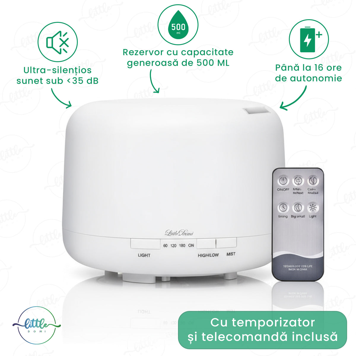 Difuzor Aromaterapie, LittleDomi, Umidificator cu Ultrasunete, Lampa de veghe cu Telecomanda, 500 ml,16 ore, silentios, Alb — LD-141 fotografie 2