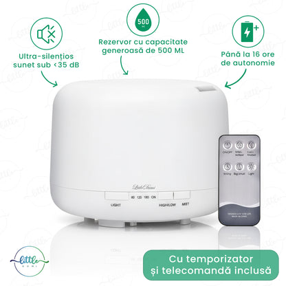Difuzor Aromaterapie, LittleDomi, Umidificator cu Ultrasunete, Lampa de veghe cu Telecomanda, 500 ml,16 ore, silentios, Alb — LD-141 fotografie 2