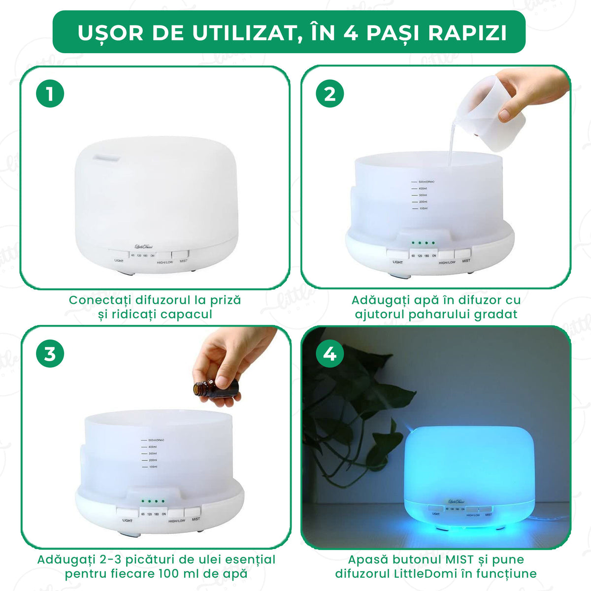 Difuzor Aromaterapie, LittleDomi, Umidificator cu Ultrasunete, Lampa de veghe cu Telecomanda, 500 ml,16 ore, silentios, Alb — LD-141 fotografie 8