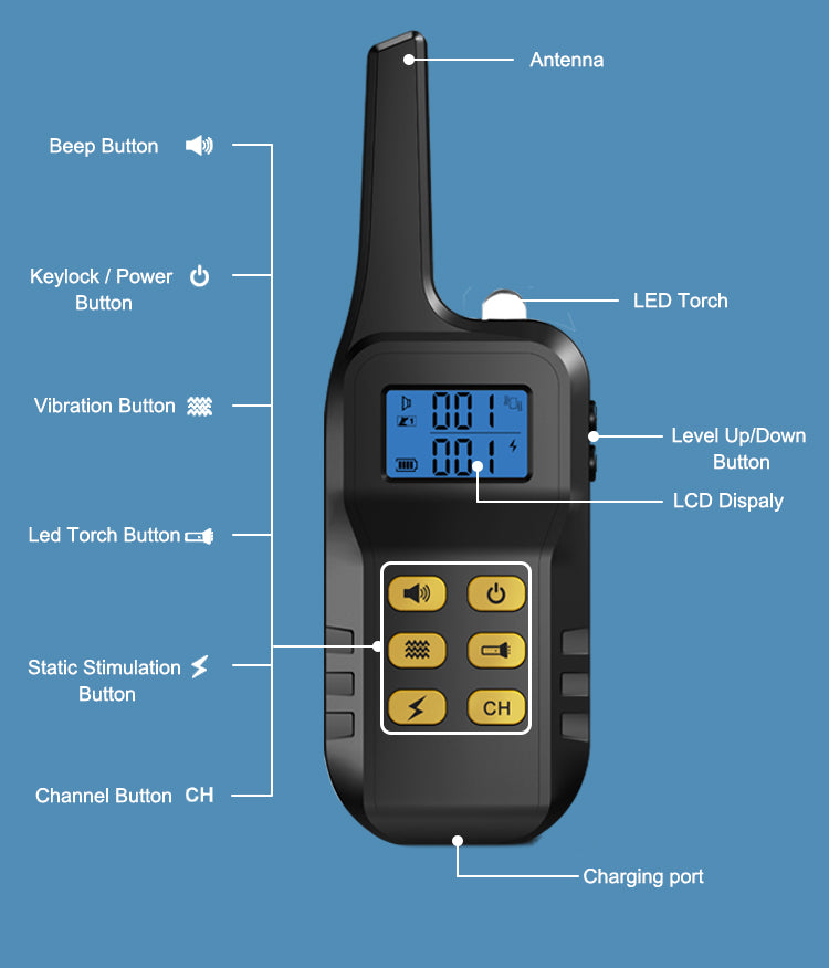 Zgarda Electrica pentru Dresaj Caini, LittleDomi, Functie Antilatrat, Raza Actiune 1000m, Reincarcabila, IP6x - Rezistenta la Apa si Praf, Electrozi Cauciucati, Protectie Piele, Power Saving, Lanterna, Pretabil Vanatoare, Negru — LD-193 fotografie 8