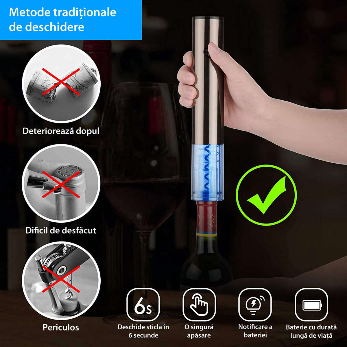 Tirbuson Electric pentru Vin, cu Baza Reincarcabila, Accesoriu Taiat Folie, Aerator, Dop Pompa Vid, 4 Acumulatori, Notificare Baterie, One-Touch, Automat, Inox — LD-282 fotografie 3