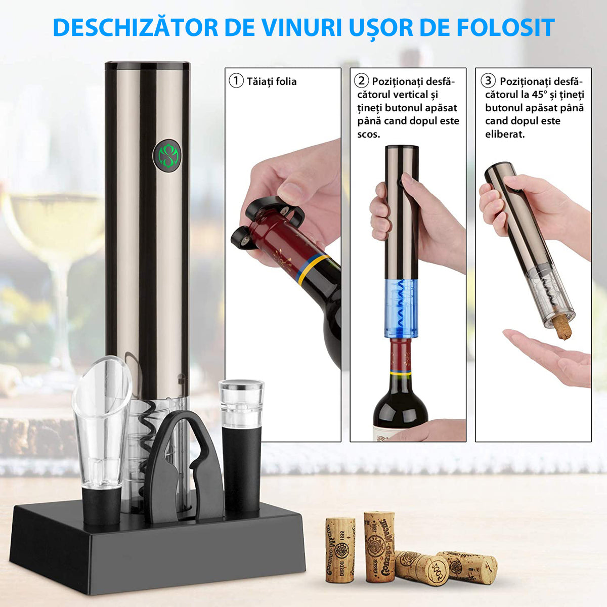 Tirbuson Electric pentru Vin, cu Baza Reincarcabila, Accesoriu Taiat Folie, Aerator, Dop Pompa Vid, 4 Acumulatori, Notificare Baterie, One-Touch, Automat, Inox — LD-282 fotografie 4