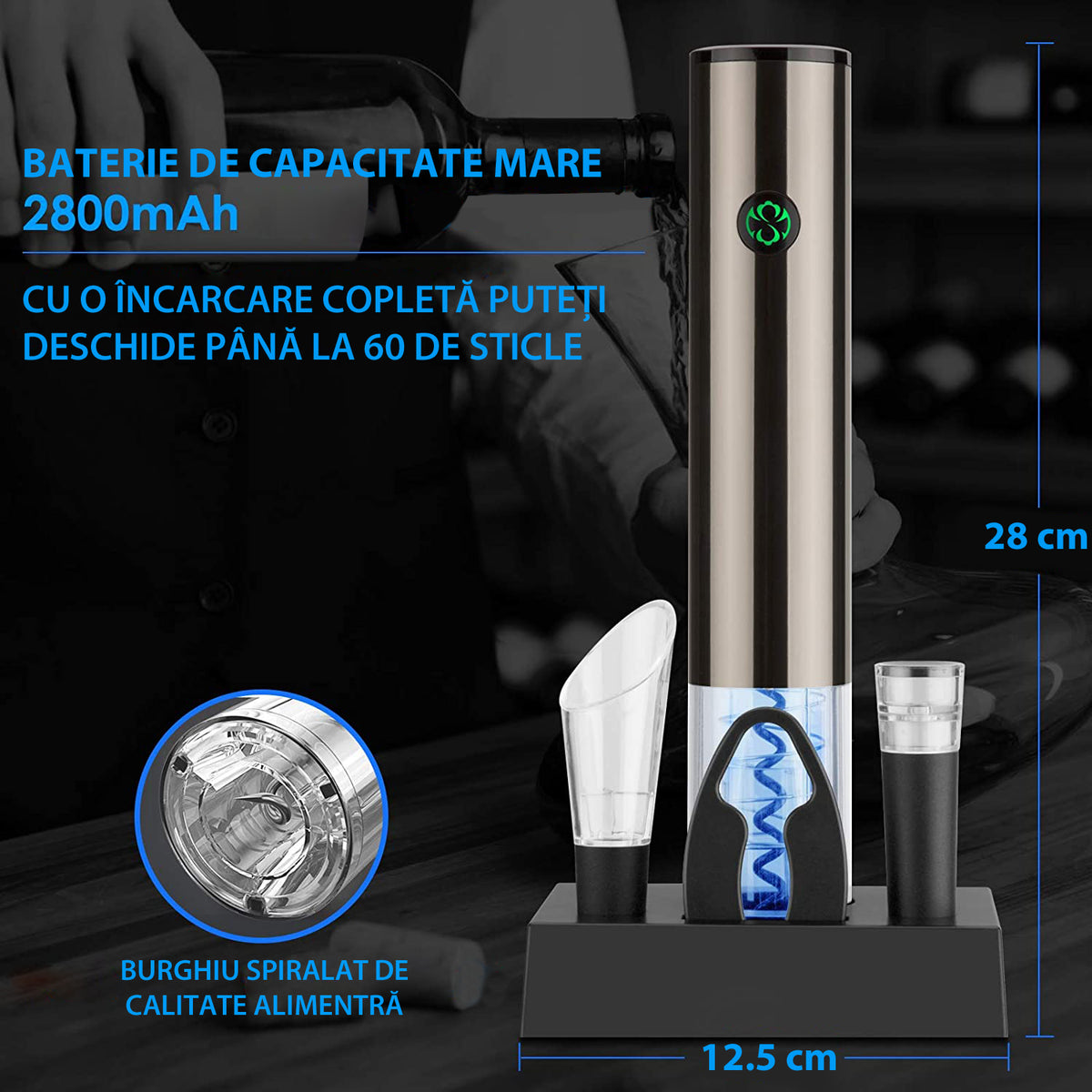 Tirbuson Electric pentru Vin, cu Baza Reincarcabila, Accesoriu Taiat Folie, Aerator, Dop Pompa Vid, 4 Acumulatori, Notificare Baterie, One-Touch, Automat, Inox — LD-282 fotografie 5