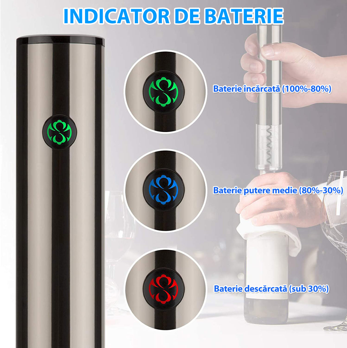 Tirbuson Electric pentru Vin, cu Baza Reincarcabila, Accesoriu Taiat Folie, Aerator, Dop Pompa Vid, 4 Acumulatori, Notificare Baterie, One-Touch, Automat, Inox — LD-282 fotografie 8