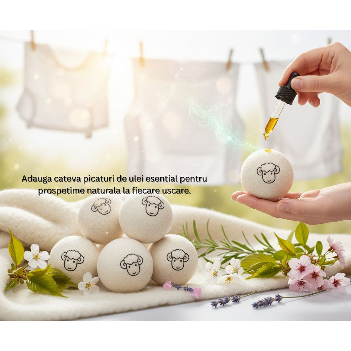 Set 6 Bile din Lana 100% pentru Uscator - Natural, Reutilizabil, Reduc Cutele de Imbracaminte, Economiseste Timpul de Uscare, Alternativa la Bilele de Plastic si Balsamul Lichid, Saculet Depozitare, Anti-electrizare, Alb — LD-303 fotografie 4