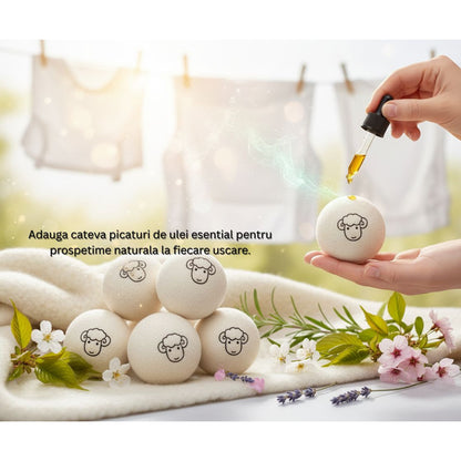 Set 6 Bile din Lana 100% pentru Uscator - Natural, Reutilizabil, Reduc Cutele de Imbracaminte, Economiseste Timpul de Uscare, Alternativa la Bilele de Plastic si Balsamul Lichid, Saculet Depozitare, Anti-electrizare, Alb — LD-303 fotografie 4