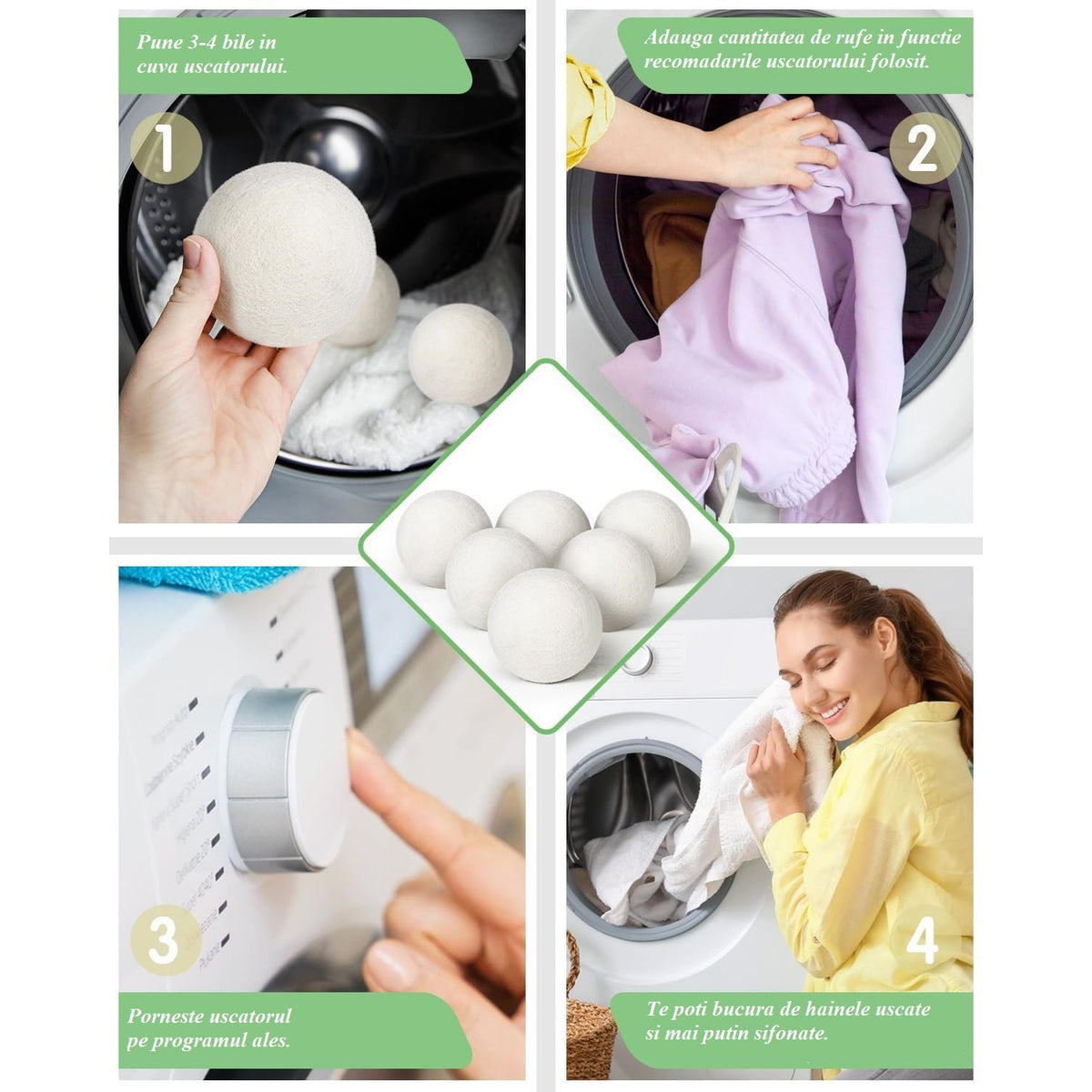 Set 6 Bile din Lana 100% pentru Uscator - Natural, Reutilizabil, Reduc Cutele de Imbracaminte, Economiseste Timpul de Uscare, Alternativa la Bilele de Plastic si Balsamul Lichid, Saculet Depozitare, Anti-electrizare, Alb — LD-303 fotografie 7