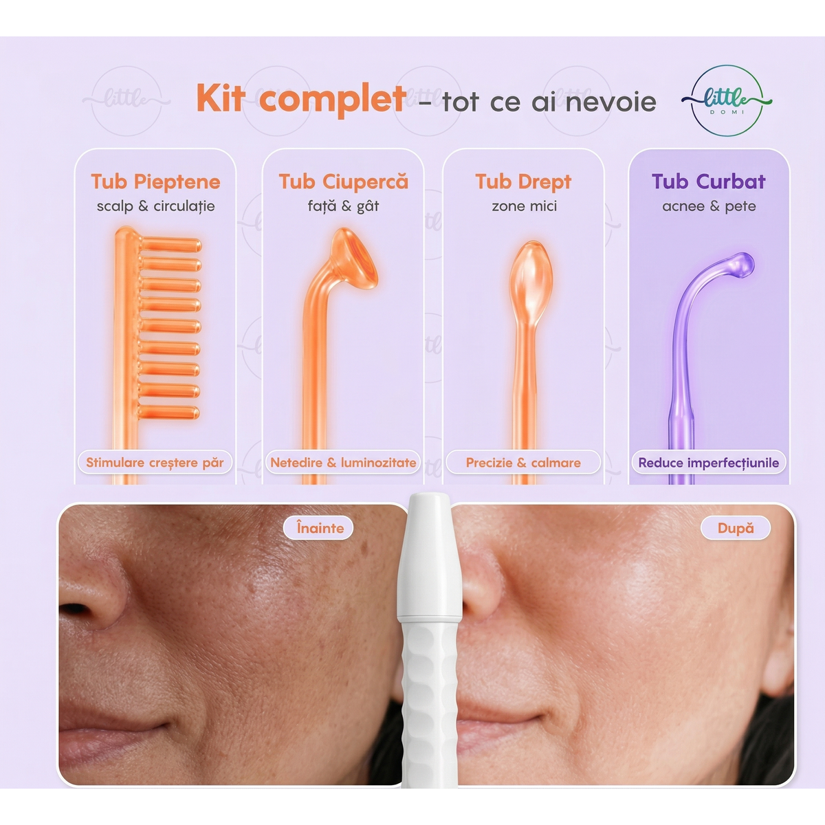Electroderm, LittleDomi, Tratament cu Frecventa Inalta pentru Acnee, Riduri, Controlul Petelor, Cearcane, Ten, Par Seboreic, Stimulator Scalp, Infrumusetare, Biostimulare Faciala, Lifting, Alb — LD-329 fotografie 4