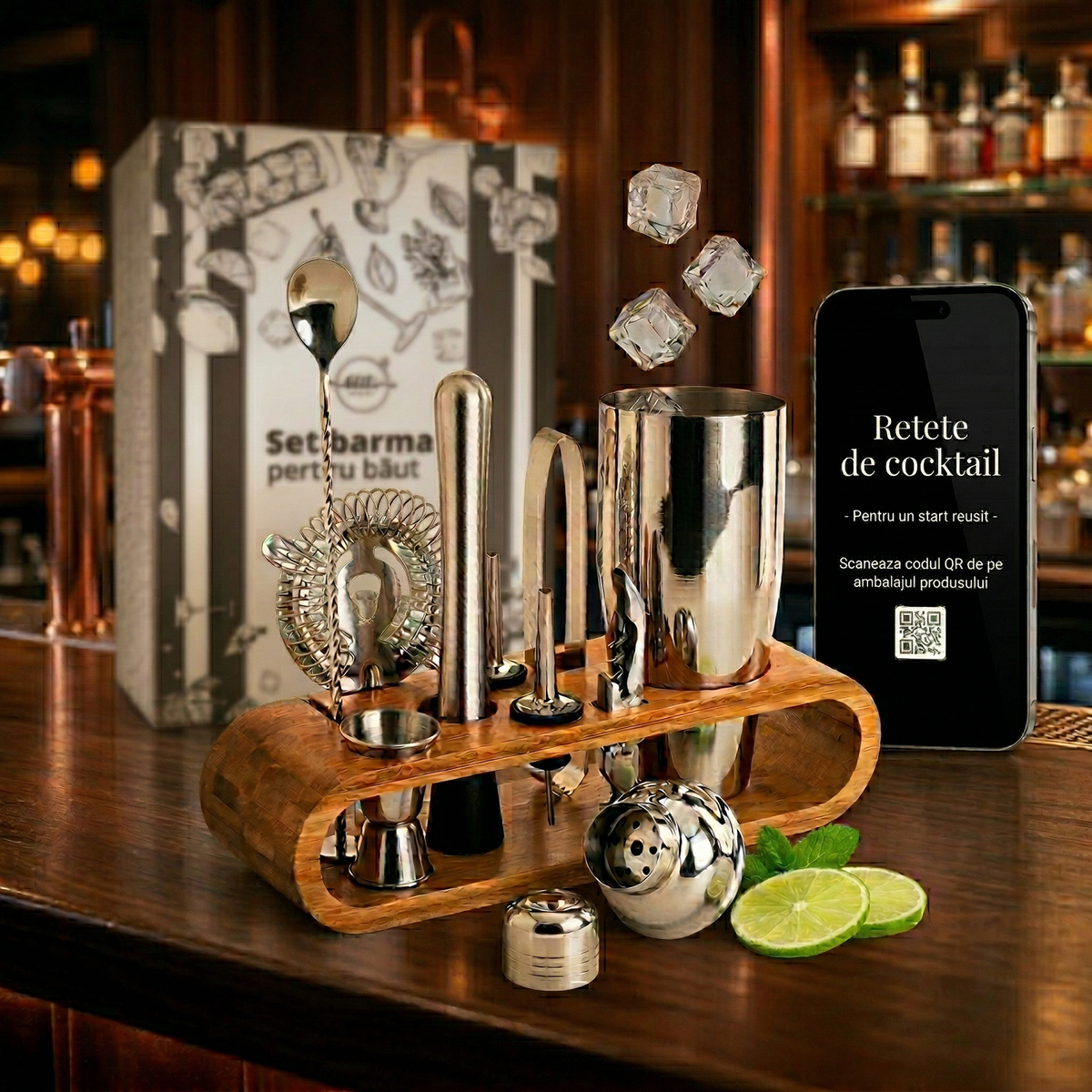 Set de Barman pentru Bauturi, LittleDomi, Suport din Bambus, Shaker Cobbler 550 ml, 10 Piese, Otel Inoxidabil, Argintiu — LD-343 fotografie 1