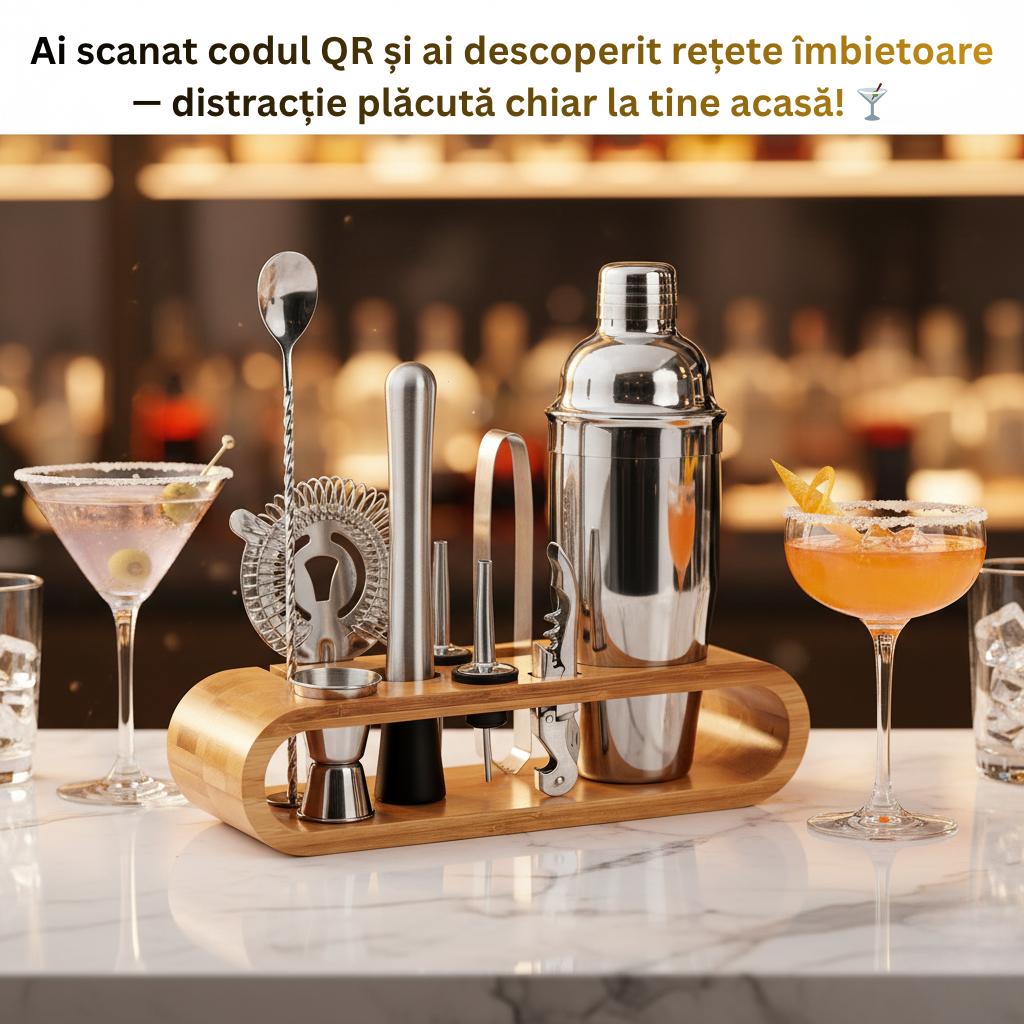 Set de Barman pentru Bauturi, LittleDomi, Suport din Bambus, Shaker Cobbler 550 ml, 10 Piese, Otel Inoxidabil, Argintiu — LD-343 fotografie 10