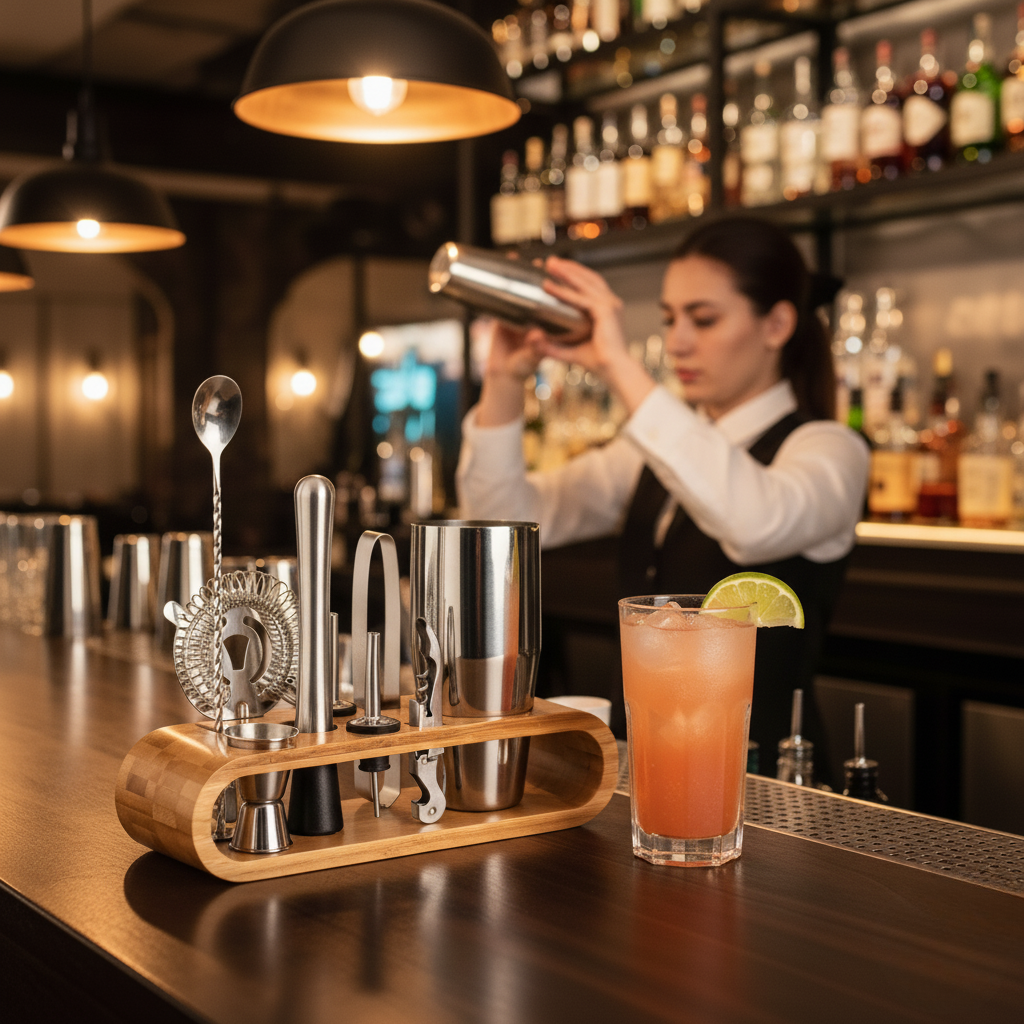 Set de Barman pentru Bauturi, LittleDomi, Suport din Bambus, Shaker Cobbler 550 ml, 10 Piese, Otel Inoxidabil, Argintiu — LD-343 fotografie 11