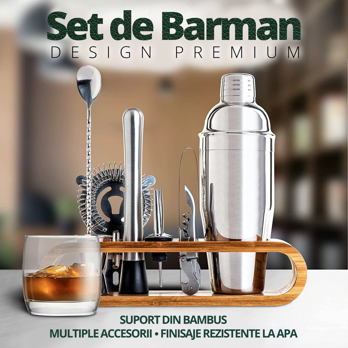 Set de Barman pentru Bauturi, LittleDomi, Suport din Bambus, Shaker Cobbler 550 ml, 10 Piese, Otel Inoxidabil, Argintiu — LD-343 fotografie 2