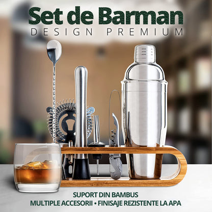 Set de Barman pentru Bauturi, LittleDomi, Suport din Bambus, Shaker Cobbler 550 ml, 10 Piese, Otel Inoxidabil, Argintiu — LD-343 fotografie 2