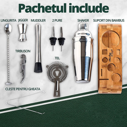 Set de Barman pentru Bauturi, LittleDomi, Suport din Bambus, Shaker Cobbler 550 ml, 10 Piese, Otel Inoxidabil, Argintiu — LD-343 fotografie 3