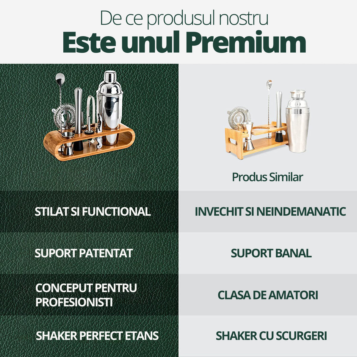 Set de Barman pentru Bauturi, LittleDomi, Suport din Bambus, Shaker Cobbler 550 ml, 10 Piese, Otel Inoxidabil, Argintiu — LD-343 fotografie 4