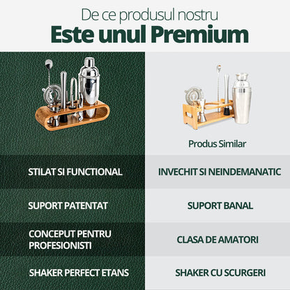 Set de Barman pentru Bauturi, LittleDomi, Suport din Bambus, Shaker Cobbler 550 ml, 10 Piese, Otel Inoxidabil, Argintiu — LD-343 fotografie 4