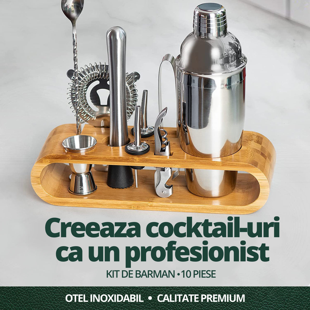 Set de Barman pentru Bauturi, LittleDomi, Suport din Bambus, Shaker Cobbler 550 ml, 10 Piese, Otel Inoxidabil, Argintiu — LD-343 fotografie 5