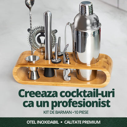 Set de Barman pentru Bauturi, LittleDomi, Suport din Bambus, Shaker Cobbler 550 ml, 10 Piese, Otel Inoxidabil, Argintiu — LD-343 fotografie 5