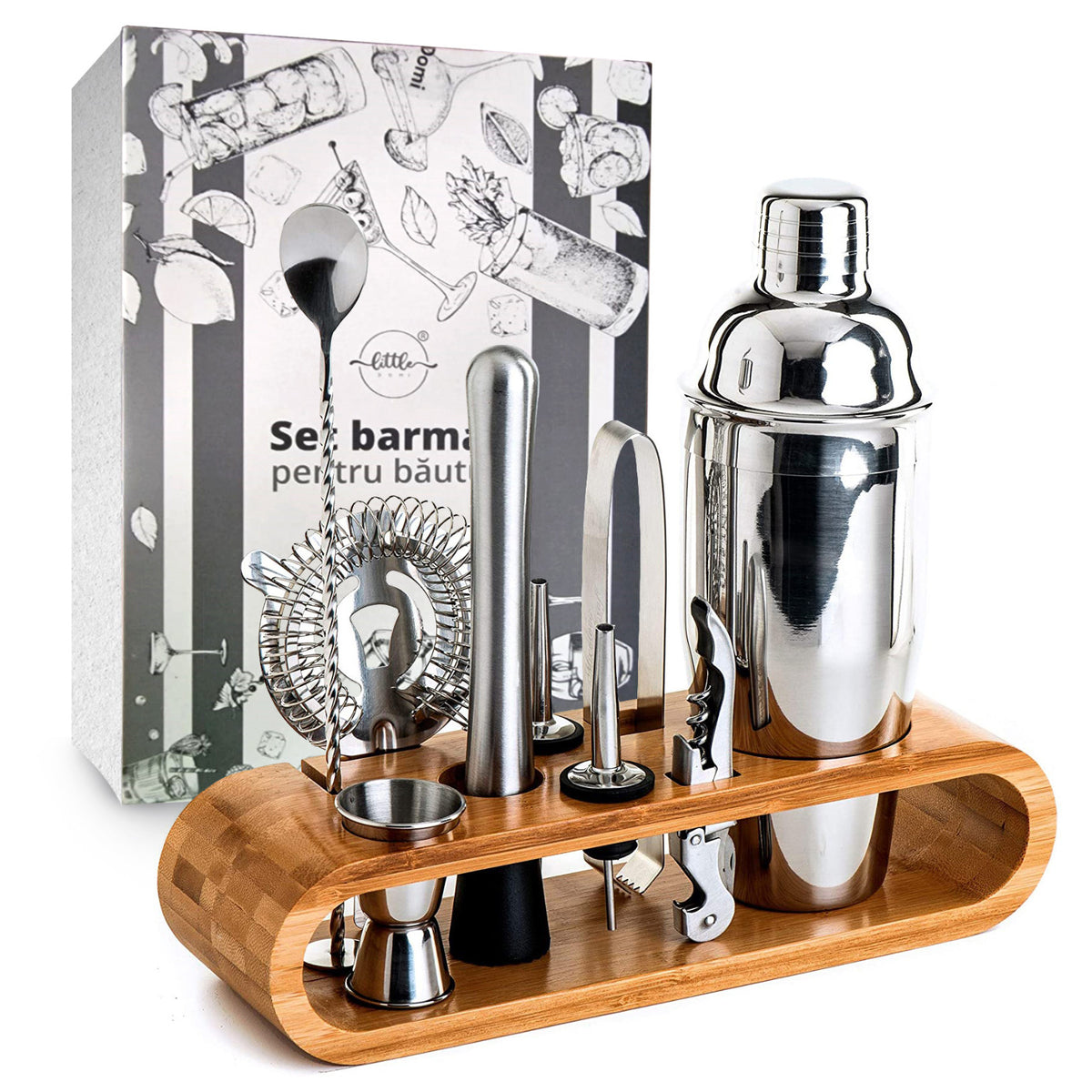 Set de Barman pentru Bauturi, LittleDomi, Suport din Bambus, Shaker Cobbler 550 ml, 10 Piese, Otel Inoxidabil, Argintiu — LD-343 fotografie 6