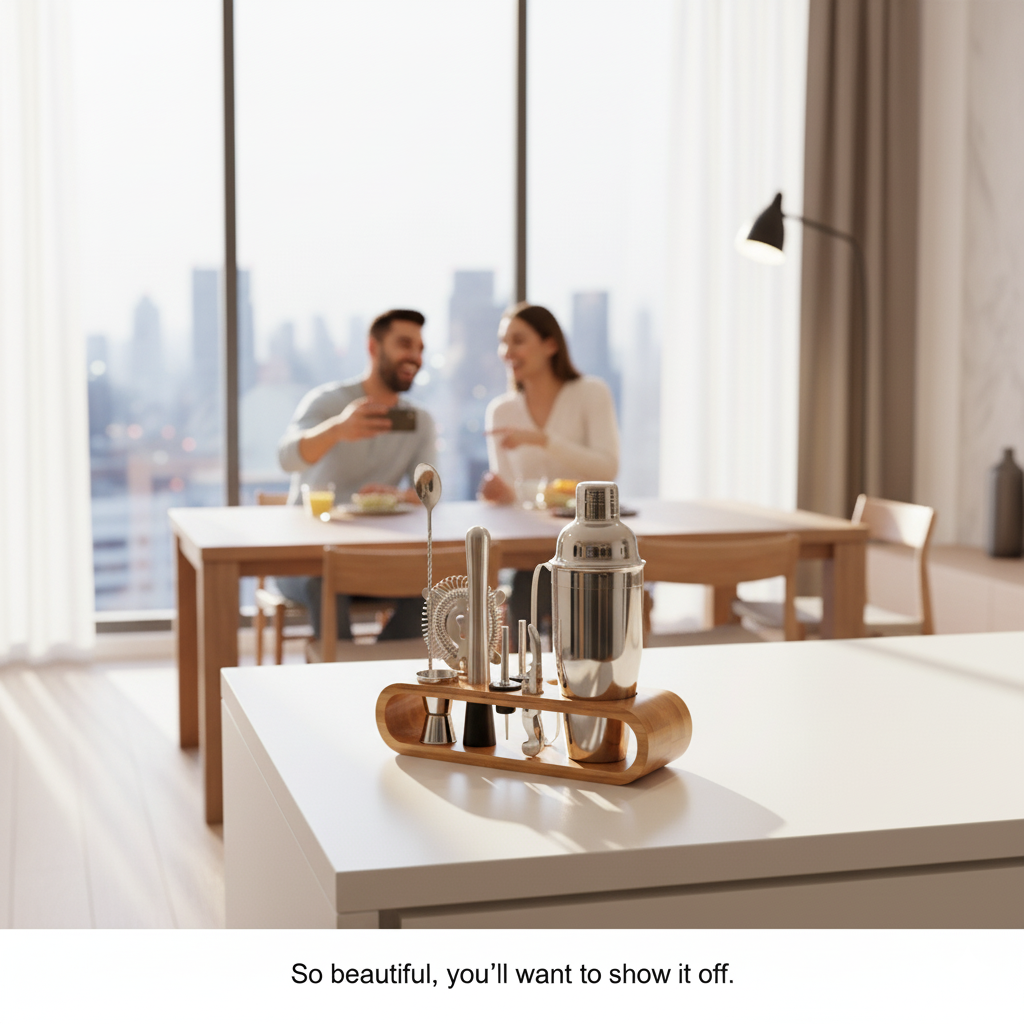 Set de Barman pentru Bauturi, LittleDomi, Suport din Bambus, Shaker Cobbler 550 ml, 10 Piese, Otel Inoxidabil, Argintiu — LD-343 fotografie 8