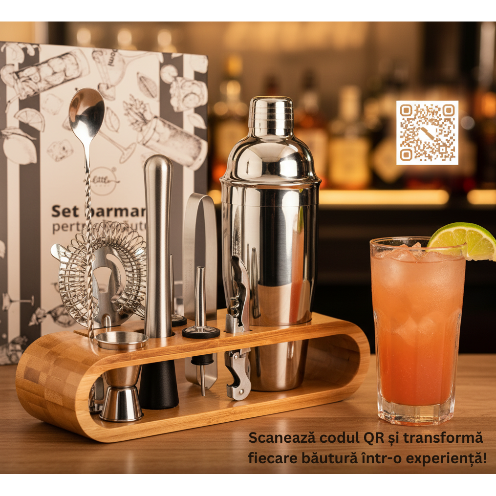 Set de Barman pentru Bauturi, LittleDomi, Suport din Bambus, Shaker Cobbler 550 ml, 10 Piese, Otel Inoxidabil, Argintiu — LD-343 fotografie 9