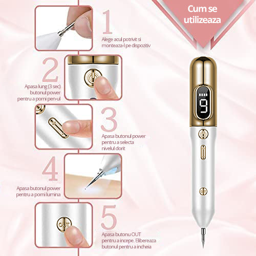 Aparat Plasma Pen LittleDomi, Indepartare Petelor, Negilor, Pistruilor, Cicatricelor, Alunitelor, Tatuajelor, Lifting, Ecran LCD, 9 Trepte, Portabil, Reincarcabil, Lampa, 1x Cub Gheata Inox, 2x Servetel cu Alcool, 10x Betisoare, Auriu/Alb — LD-395 fotografie 3