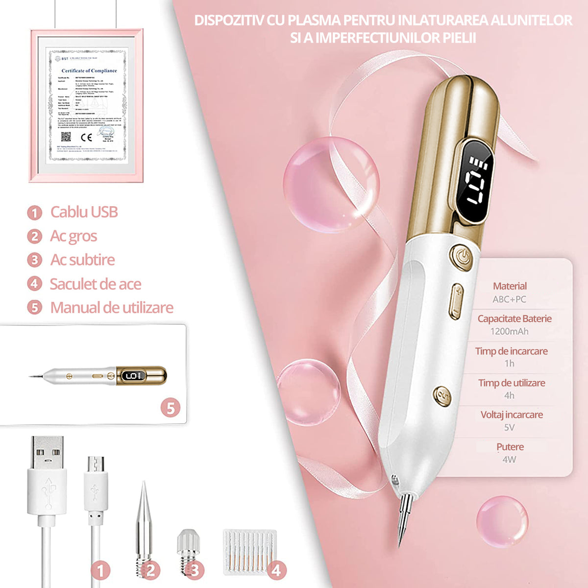 Aparat Plasma Pen LittleDomi, Indepartare Petelor, Negilor, Pistruilor, Cicatricelor, Alunitelor, Tatuajelor, Lifting, Ecran LCD, 9 Trepte, Portabil, Reincarcabil, Lampa, 1x Cub Gheata Inox, 2x Servetel cu Alcool, 10x Betisoare, Auriu/Alb — LD-395 fotografie 6