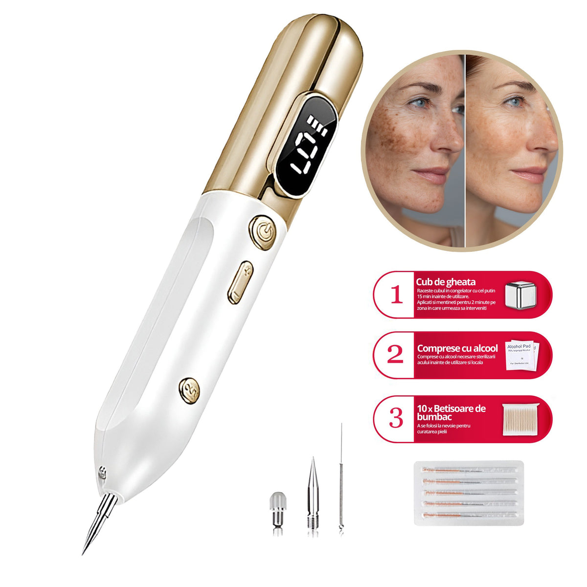 Aparat Plasma Pen LittleDomi, Indepartare Petelor, Negilor, Pistruilor, Cicatricelor, Alunitelor, Tatuajelor, Lifting, Ecran LCD, 9 Trepte, Portabil, Reincarcabil, Lampa, 1x Cub Gheata Inox, 2x Servetel cu Alcool, 10x Betisoare, Auriu/Alb — LD-395 fotografie 8