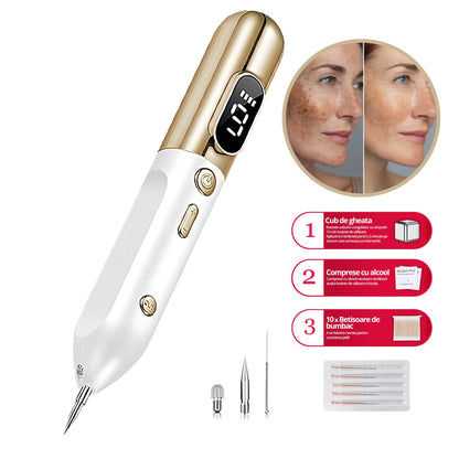 Aparat Plasma Pen LittleDomi, Indepartare Petelor, Negilor, Pistruilor, Cicatricelor, Alunitelor, Tatuajelor, Lifting, Ecran LCD, 9 Trepte, Portabil, Reincarcabil, Lampa, 1x Cub Gheata Inox, 2x Servetel cu Alcool, 10x Betisoare, Auriu/Alb — LD-395 fotografie 8