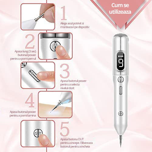 Aparat Plasma Pen LittleDomi, Indepartare Petelor, Negilor, Pistruilor, Cicatricelor, Alunitelor, Tatuajelor, Lifting Pleoape, Ecran LCD, 9 Trepte, Portabil, Reincarcabil, Lampa, 1x Cub Gheata Inox, 2x Servetel cu Alcool, 10x Betisoare, Alb — LD-396 fotografie 5