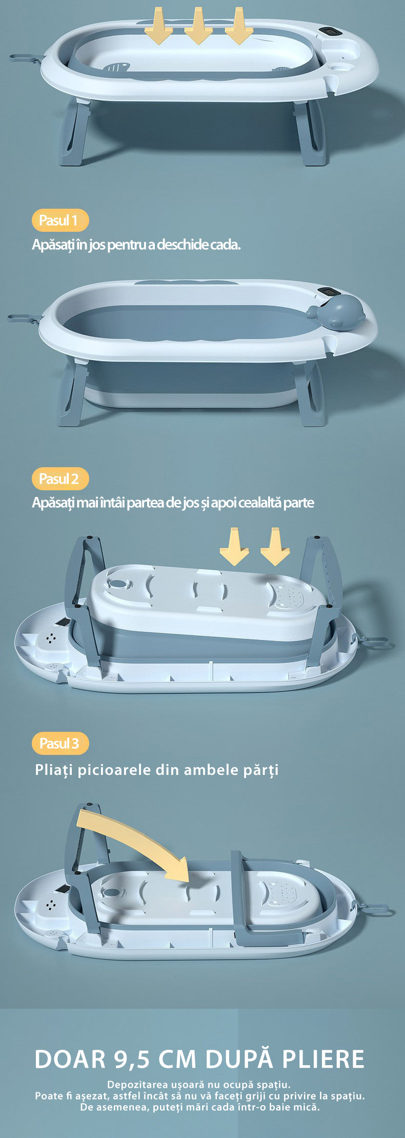Cadita Pliabila cu Perna de Baie Hipoalergenica pentru Bebelusi LittleDomi®. 0-18 Luni, Termometru Incorporat, Suport pentru Cap de Dus si Sapun, Dop Scurgere, Cana pentru Clatire Tip Jucarie, Picioare Antiderapante, Gaura Agatare, Albastru — LD-447 fotografie 10