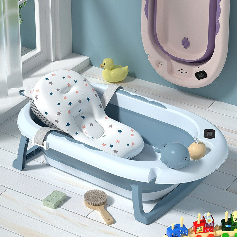 Cadita Pliabila cu Perna de Baie Hipoalergenica pentru Bebelusi LittleDomi®. 0-18 Luni, Termometru Incorporat, Suport pentru Cap de Dus si Sapun, Dop Scurgere, Cana pentru Clatire Tip Jucarie, Picioare Antiderapante, Gaura Agatare, Albastru — LD-447 fotografie 2