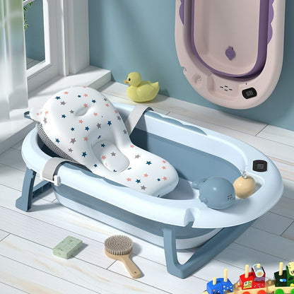 Cadita Pliabila cu Perna de Baie Hipoalergenica pentru Bebelusi LittleDomi®. 0-18 Luni, Termometru Incorporat, Suport pentru Cap de Dus si Sapun, Dop Scurgere, Cana pentru Clatire Tip Jucarie, Picioare Antiderapante, Gaura Agatare, Albastru — LD-447 fotografie 2