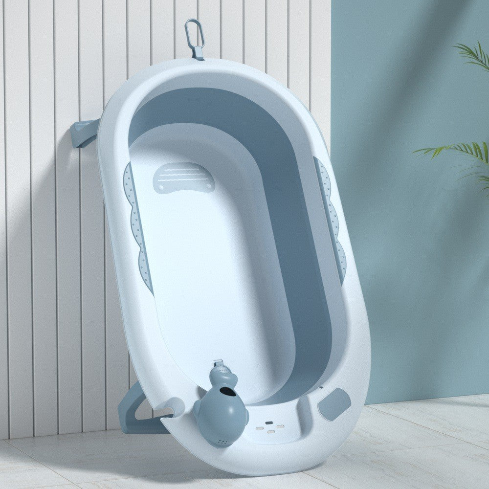 Cadita Pliabila cu Perna de Baie Hipoalergenica pentru Bebelusi LittleDomi®. 0-18 Luni, Termometru Incorporat, Suport pentru Cap de Dus si Sapun, Dop Scurgere, Cana pentru Clatire Tip Jucarie, Picioare Antiderapante, Gaura Agatare, Albastru — LD-447 fotografie 4