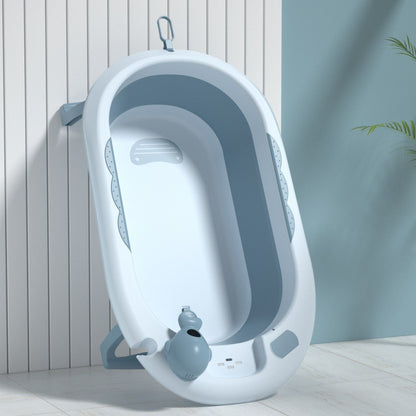 Cadita Pliabila cu Perna de Baie Hipoalergenica pentru Bebelusi LittleDomi®. 0-18 Luni, Termometru Incorporat, Suport pentru Cap de Dus si Sapun, Dop Scurgere, Cana pentru Clatire Tip Jucarie, Picioare Antiderapante, Gaura Agatare, Albastru — LD-447 fotografie 4