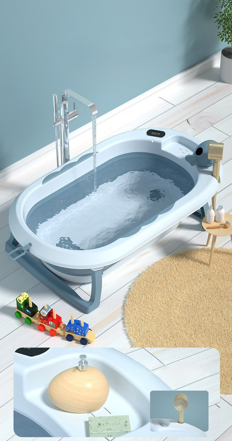 Cadita Pliabila cu Perna de Baie Hipoalergenica pentru Bebelusi LittleDomi®. 0-18 Luni, Termometru Incorporat, Suport pentru Cap de Dus si Sapun, Dop Scurgere, Cana pentru Clatire Tip Jucarie, Picioare Antiderapante, Gaura Agatare, Albastru — LD-447 fotografie 8