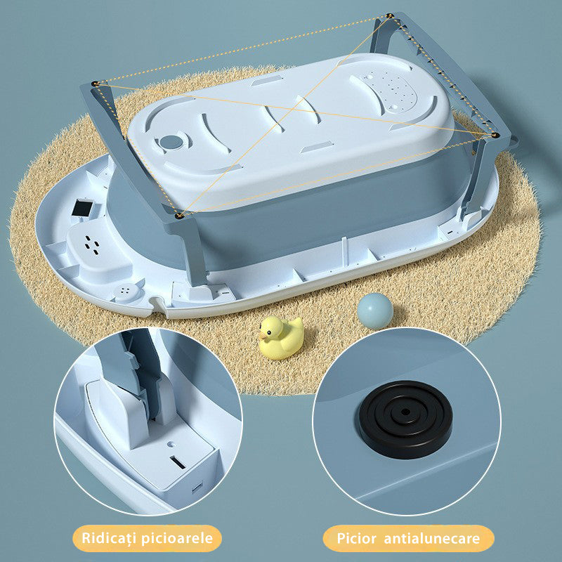 Cadita Pliabila cu Perna de Baie Hipoalergenica pentru Bebelusi LittleDomi®. 0-18 Luni, Termometru Incorporat, Suport pentru Cap de Dus si Sapun, Dop Scurgere, Cana pentru Clatire Tip Jucarie, Picioare Antiderapante, Gaura Agatare, Albastru — LD-447 fotografie 9