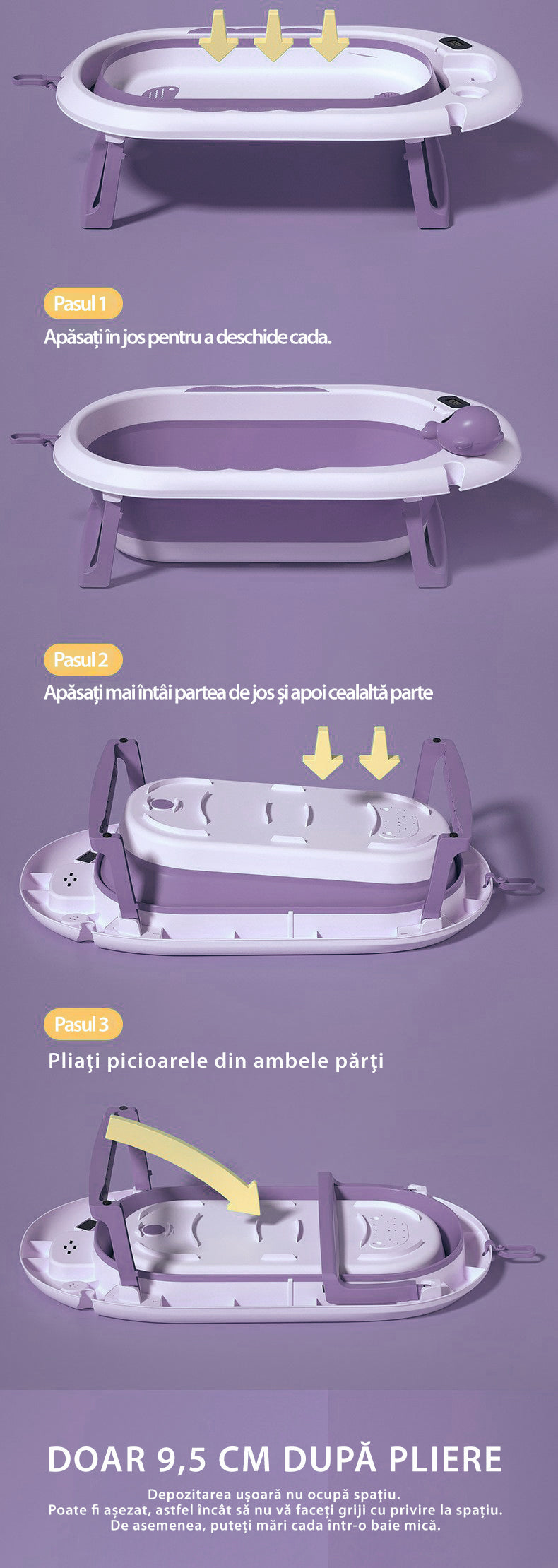 Cadita Pliabila cu Perna de Baie Hipoalergenica pentru Bebelusi LittleDomi®. 0-18 Luni, Termometru Incorporat, Suport pentru Cap de Dus si Sapun, Dop Scurgere, Cana pentru Clatire Tip Jucarie, Picioare Antiderapante, Gaura Agatare, Roz Movuliu — LD-448 fotografie 10
