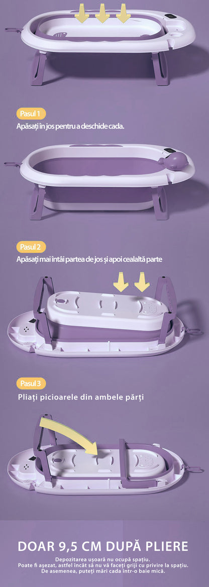 Cadita Pliabila cu Perna de Baie Hipoalergenica pentru Bebelusi LittleDomi®. 0-18 Luni, Termometru Incorporat, Suport pentru Cap de Dus si Sapun, Dop Scurgere, Cana pentru Clatire Tip Jucarie, Picioare Antiderapante, Gaura Agatare, Roz Movuliu — LD-448 fotografie 10