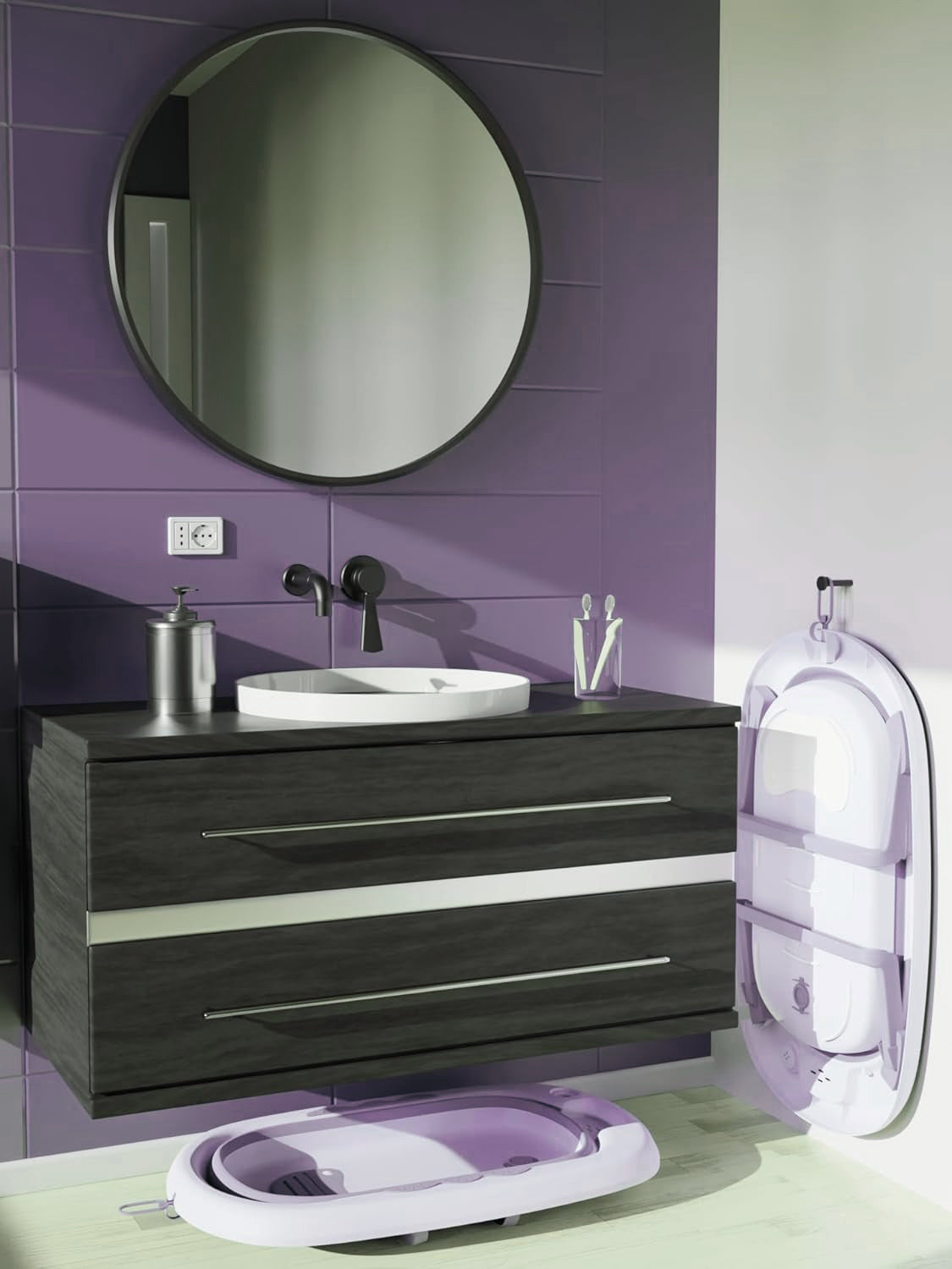 Cadita Pliabila cu Perna de Baie Hipoalergenica pentru Bebelusi LittleDomi®. 0-18 Luni, Termometru Incorporat, Suport pentru Cap de Dus si Sapun, Dop Scurgere, Cana pentru Clatire Tip Jucarie, Picioare Antiderapante, Gaura Agatare, Roz Movuliu — LD-448 fotografie 11