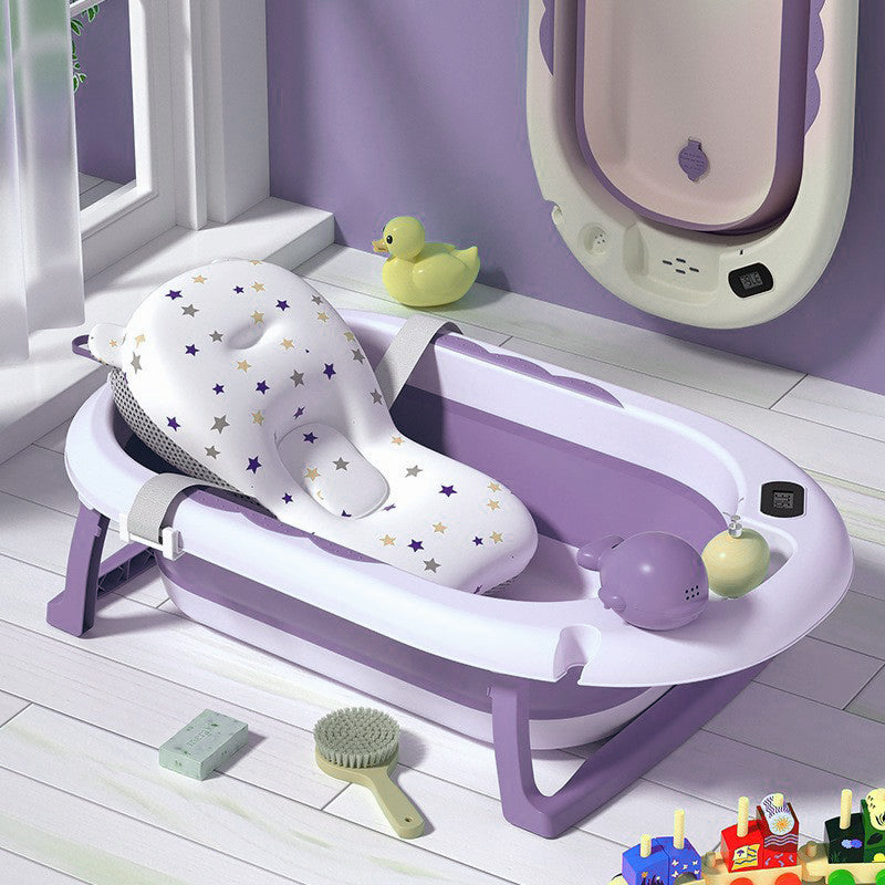 Cadita Pliabila cu Perna de Baie Hipoalergenica pentru Bebelusi LittleDomi®. 0-18 Luni, Termometru Incorporat, Suport pentru Cap de Dus si Sapun, Dop Scurgere, Cana pentru Clatire Tip Jucarie, Picioare Antiderapante, Gaura Agatare, Roz Movuliu — LD-448 fotografie 2