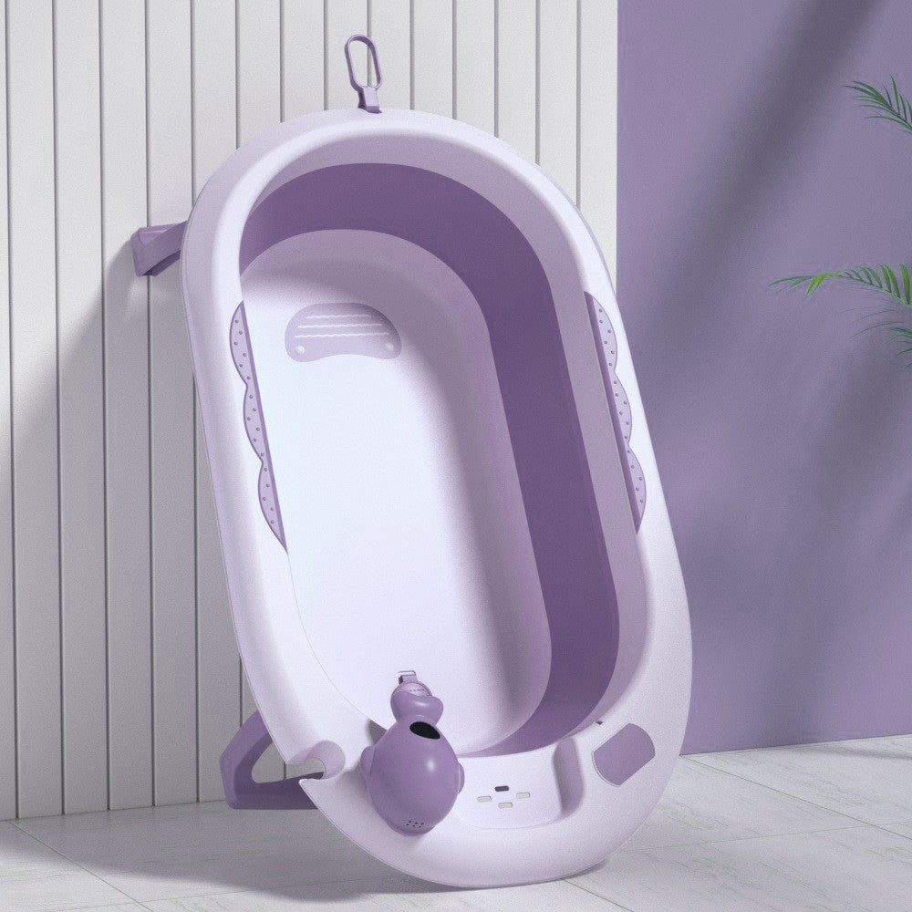 Cadita Pliabila cu Perna de Baie Hipoalergenica pentru Bebelusi LittleDomi®. 0-18 Luni, Termometru Incorporat, Suport pentru Cap de Dus si Sapun, Dop Scurgere, Cana pentru Clatire Tip Jucarie, Picioare Antiderapante, Gaura Agatare, Roz Movuliu — LD-448 fotografie 4