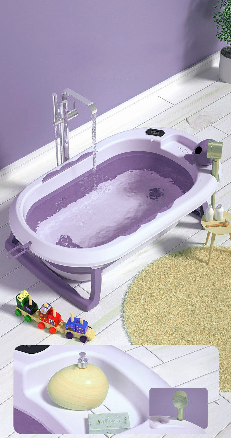 Cadita Pliabila cu Perna de Baie Hipoalergenica pentru Bebelusi LittleDomi®. 0-18 Luni, Termometru Incorporat, Suport pentru Cap de Dus si Sapun, Dop Scurgere, Cana pentru Clatire Tip Jucarie, Picioare Antiderapante, Gaura Agatare, Roz Movuliu — LD-448 fotografie 8
