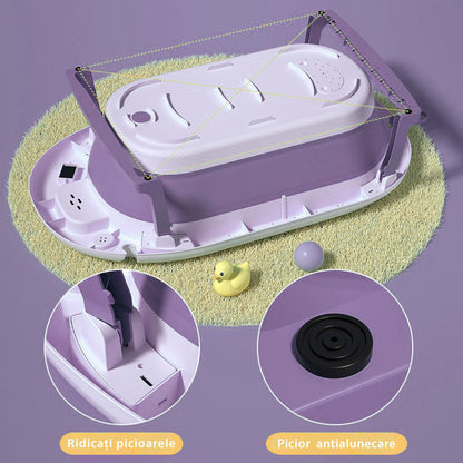 Cadita Pliabila cu Perna de Baie Hipoalergenica pentru Bebelusi LittleDomi®. 0-18 Luni, Termometru Incorporat, Suport pentru Cap de Dus si Sapun, Dop Scurgere, Cana pentru Clatire Tip Jucarie, Picioare Antiderapante, Gaura Agatare, Roz Movuliu — LD-448 fotografie 9