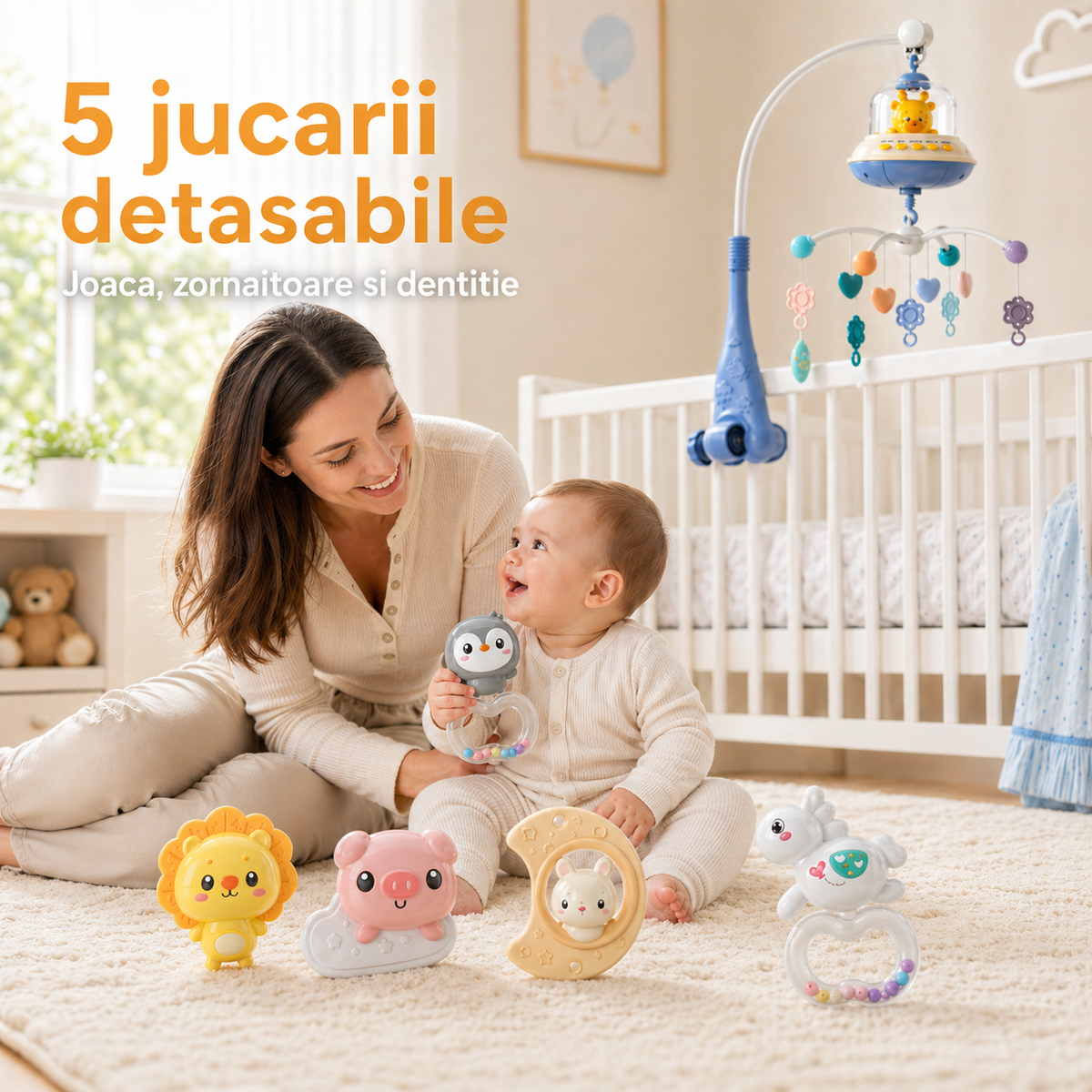 Carusel albastru LittleDomi cu cele cinci jucării detașabile