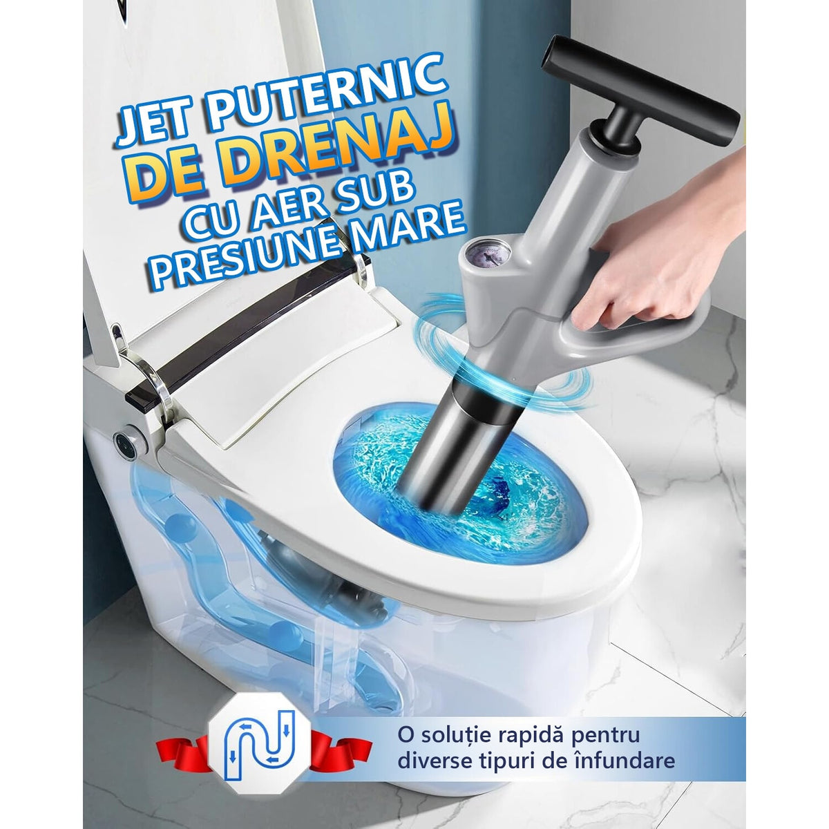 Pompa cu Aer Comprimat, LittleDomi pentru Desfundat Tevi Infundate de Chiuveta, Cada, Dus, Scurgere Infundata, Canalizare, WC, Instalatii Sanitare, 4 Accesorii, Pompa, ABS/Otel Inoxidabil, Cu Manometru — LD-467 fotografie 2