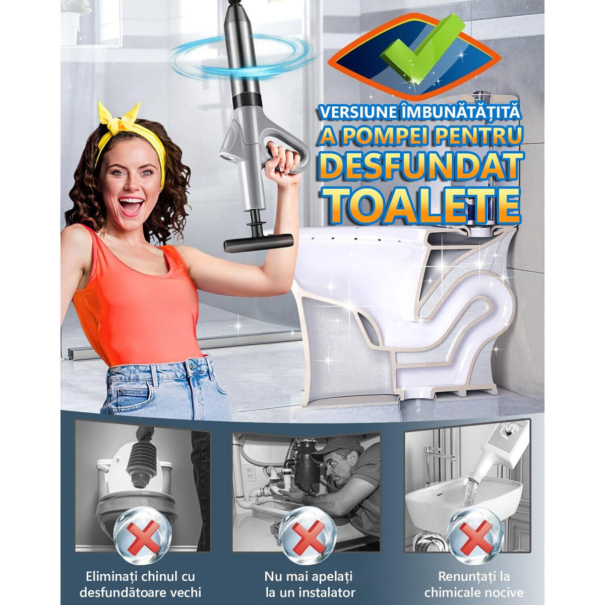 Pompa cu Aer Comprimat, LittleDomi pentru Desfundat Tevi Infundate de Chiuveta, Cada, Dus, Scurgere Infundata, Canalizare, WC, Instalatii Sanitare, 4 Accesorii, Pompa, ABS/Otel Inoxidabil, Cu Manometru — LD-467 fotografie 3