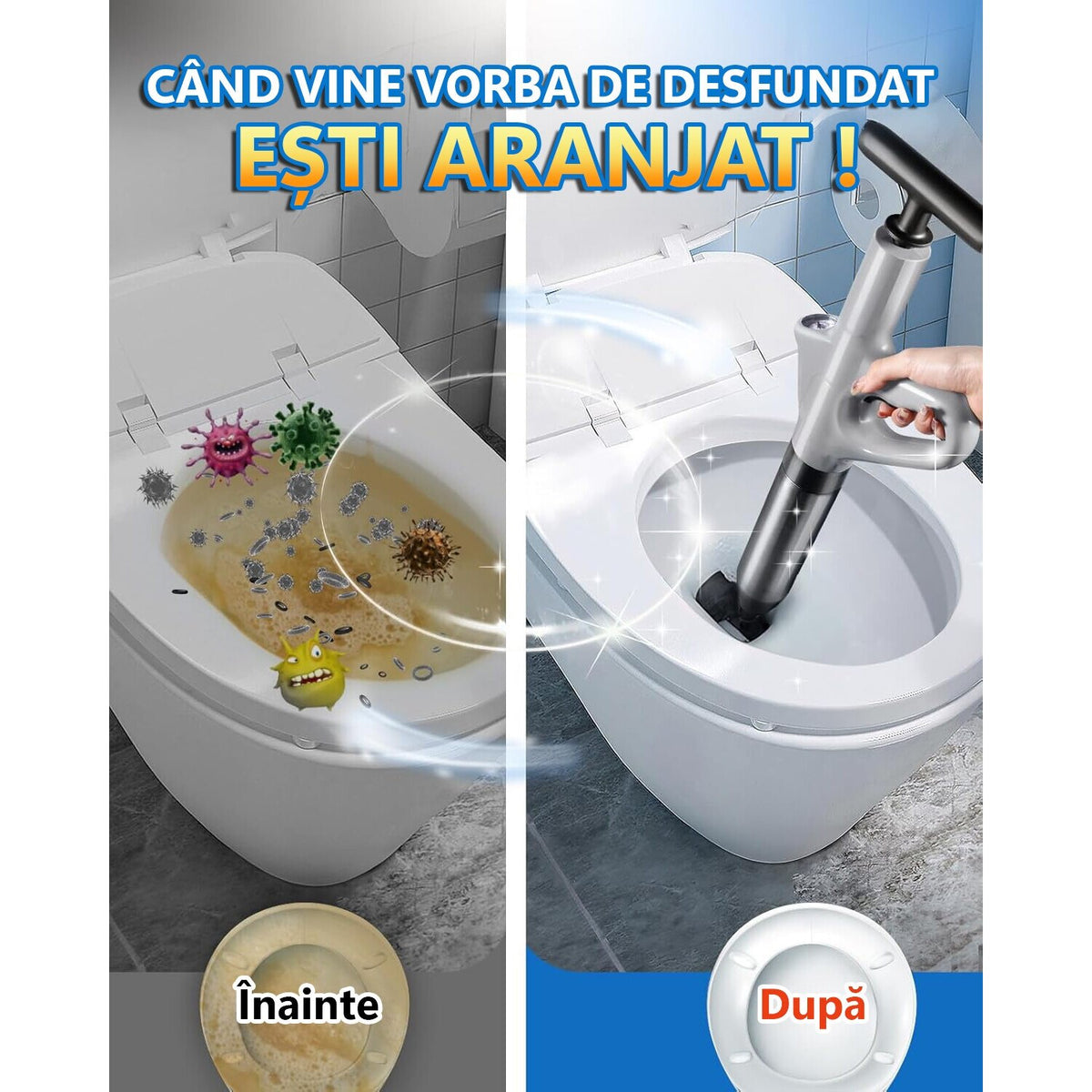 Pompa cu Aer Comprimat, LittleDomi pentru Desfundat Tevi Infundate de Chiuveta, Cada, Dus, Scurgere Infundata, Canalizare, WC, Instalatii Sanitare, 4 Accesorii, Pompa, ABS/Otel Inoxidabil, Cu Manometru — LD-467 fotografie 4