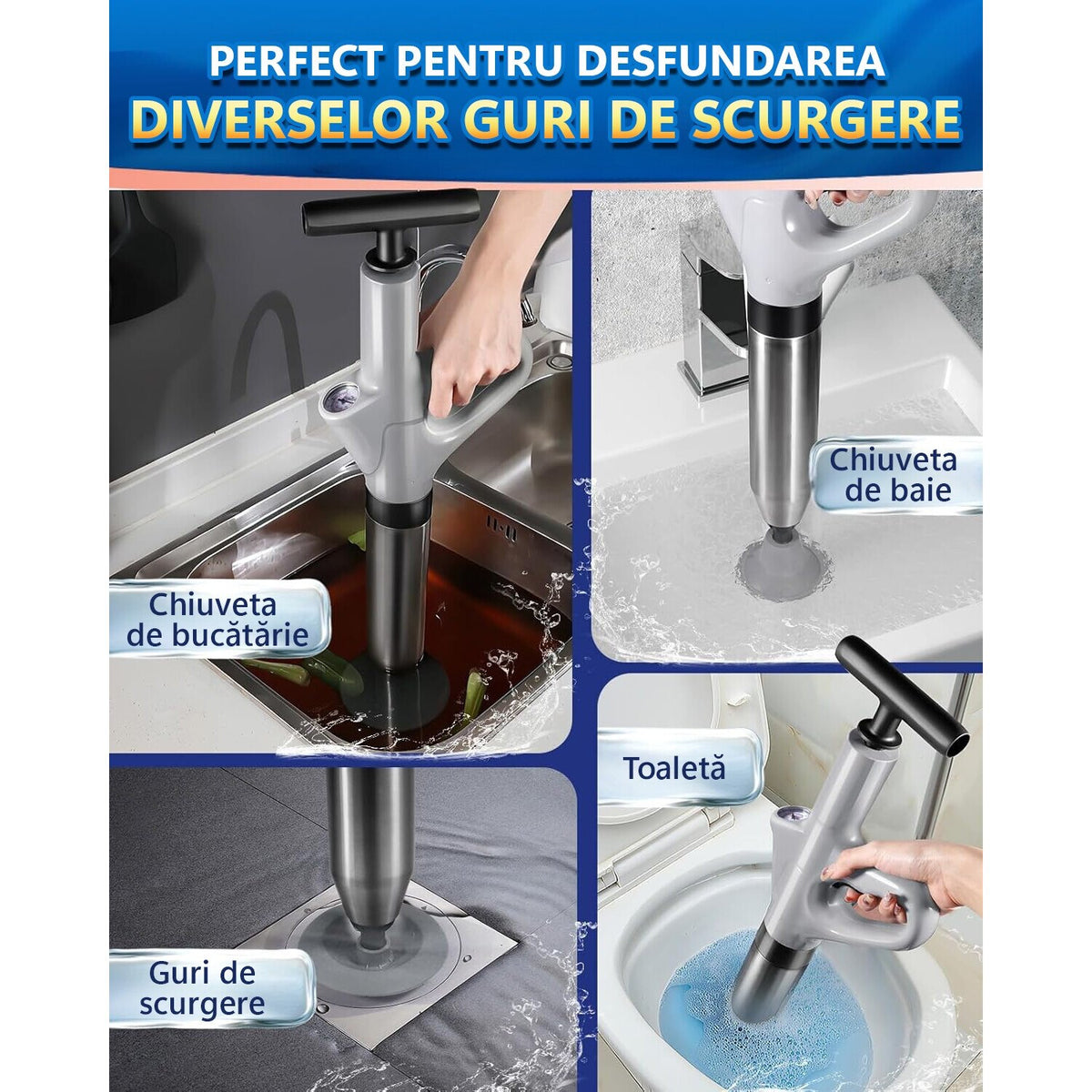 Pompa cu Aer Comprimat, LittleDomi pentru Desfundat Tevi Infundate de Chiuveta, Cada, Dus, Scurgere Infundata, Canalizare, WC, Instalatii Sanitare, 4 Accesorii, Pompa, ABS/Otel Inoxidabil, Cu Manometru — LD-467 fotografie 7